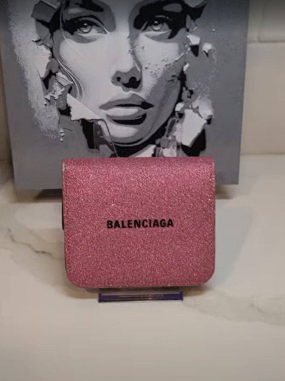 Balenciaga Glittery Pink Cash Flap bifold Women's wallet Coin Card Holder